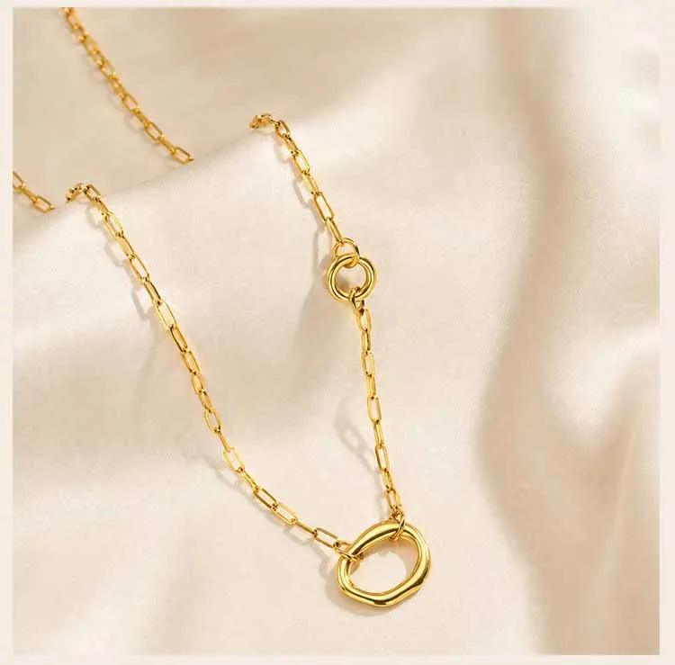 18K vergoldete Paperclip-Kette für Damen, Edelstahl-Kreis-Geometrie-Anhänger, minimalistischer Schichtschmuck – Detail 6