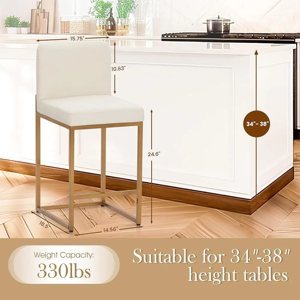 Elegant Bar Stools Set of 4 with Back Height 24 inch Comfortable PU Leather Kitchen Dining Non-Slip Gold Metal Frame