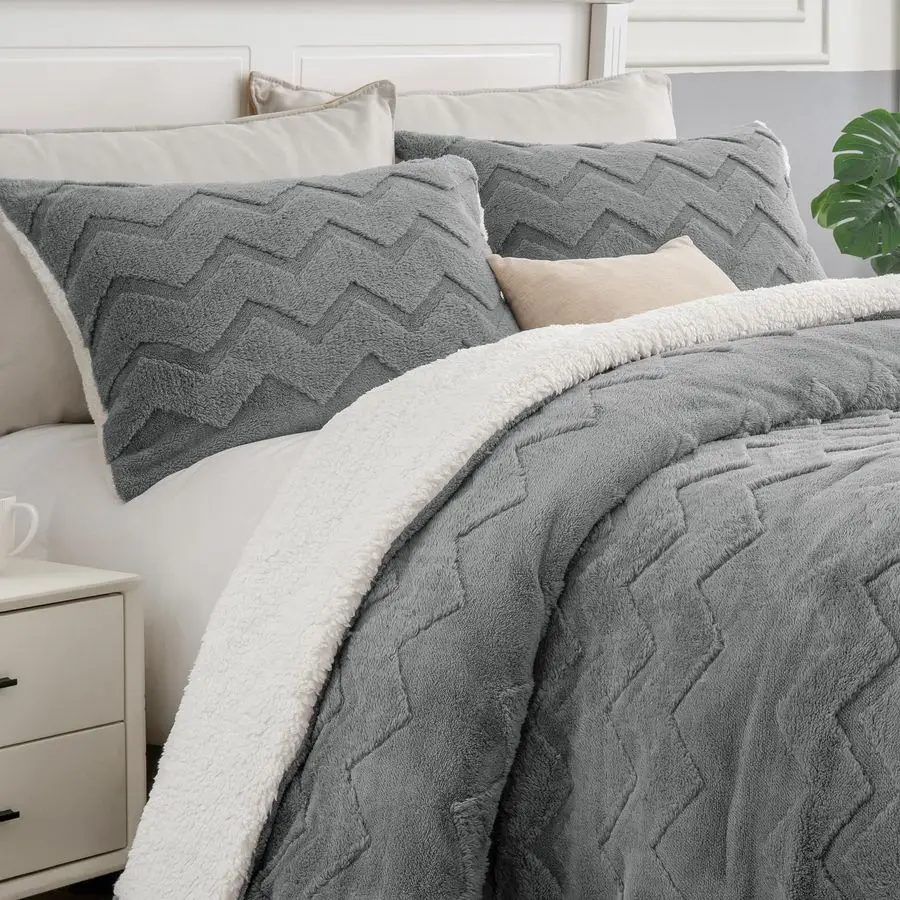 

Fluffy Queen Comforter Set Super Soft Sherpa Grey Comforter for Queen Size Bed, Luxury Warm Bedding Set for Winter, Fuzzy Bed Se