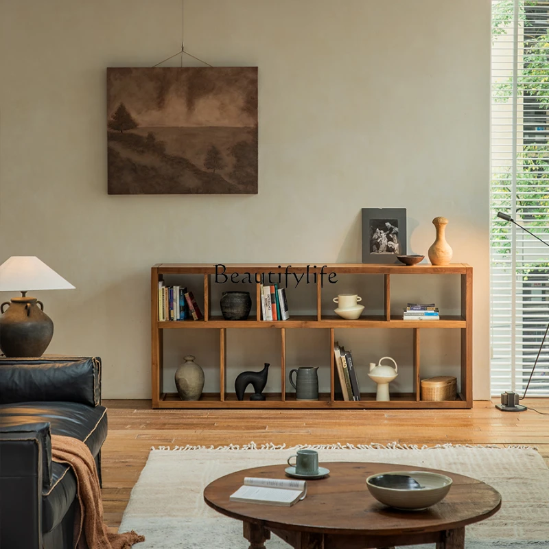 

Teak storage bookcase Solid wood multi-grid Japanese retro wabi-sabi wind study living room floor-to-ceiling bookshelf