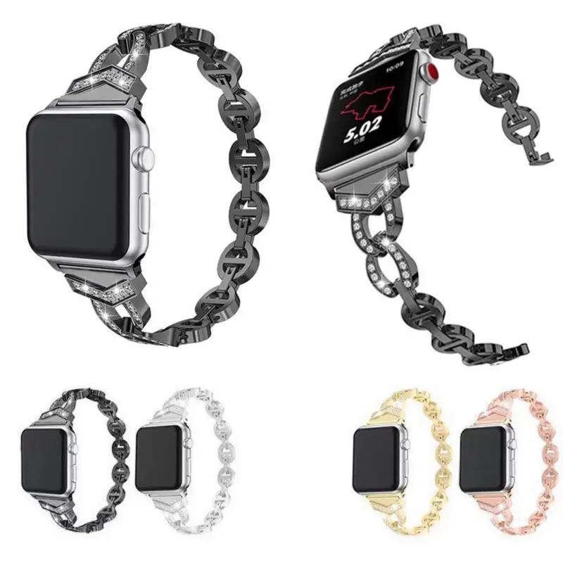 حزام معدني فاخر من الفولاذ المقاوم للصدأ لساعة أبل 38 46 42 40 44 41 45 49 مللي متر حزام الماس لسلسلة iwatch 10 9 8 7 SE 6 5