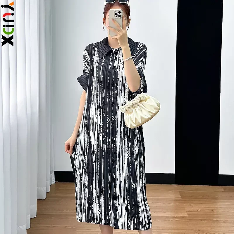 

YUDX Pleated Original Dress 2024 Summer New High-end Thin Lapel Short-sleeved Loose Single Row Multi-button Shirt Dress