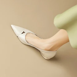 NEW Spring/Summer Women Pumps Pointed Toe Chunky Heel Shoes Split Leather Shoes for Women Elegant Beige Hollow Ladies Shoes