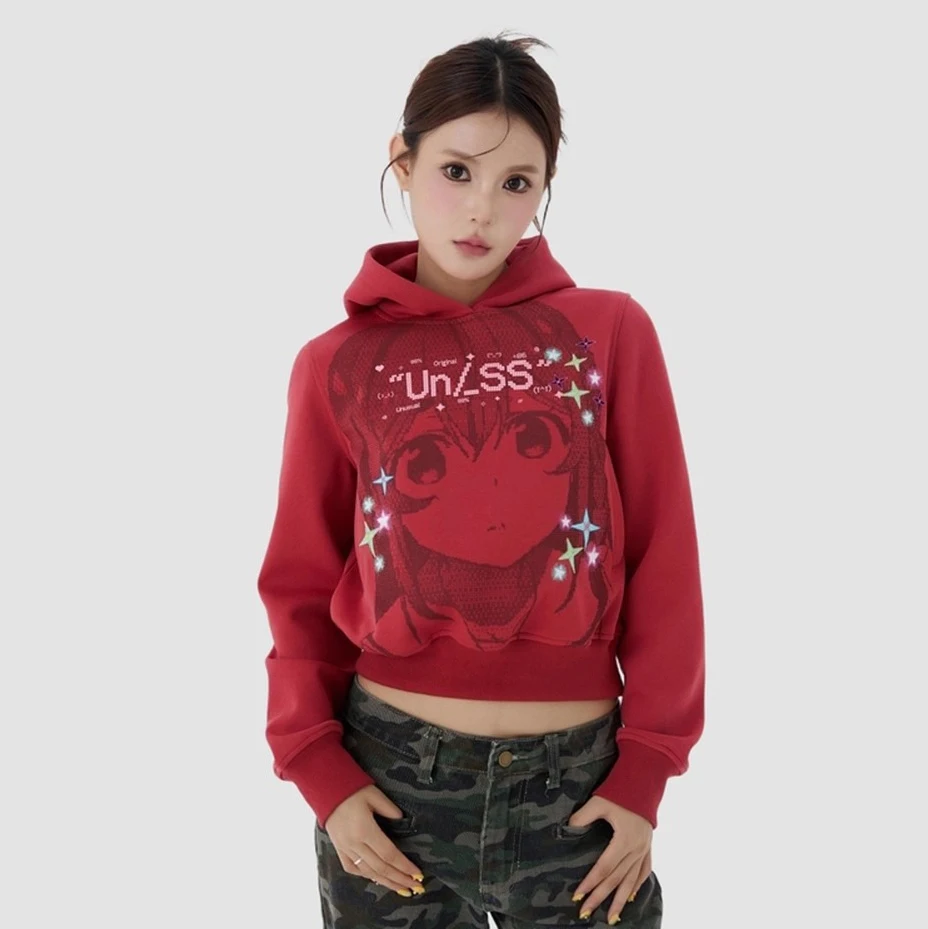 Dames cartoon meisje print hoodie 2025, herfst streetwear trui cropped sweatshirt, casual korte tops met capuchon
