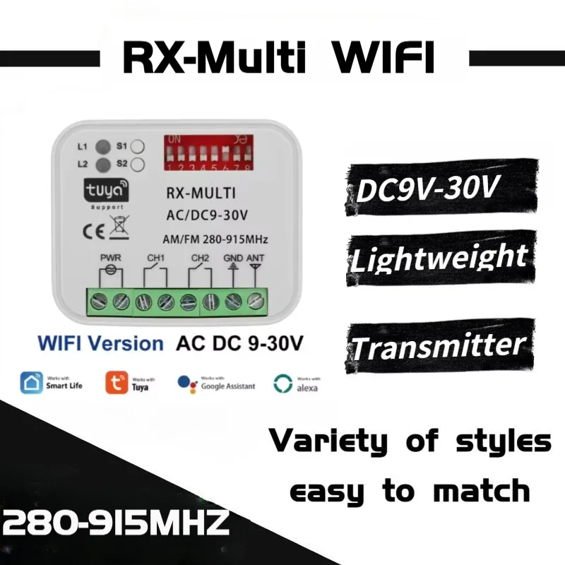 DC 9-30V WiFi Electric Door Control Switch 2-Channel Drive 280-915MHz, Garage Door Tuya App Remote Control, Alexa Transmitter