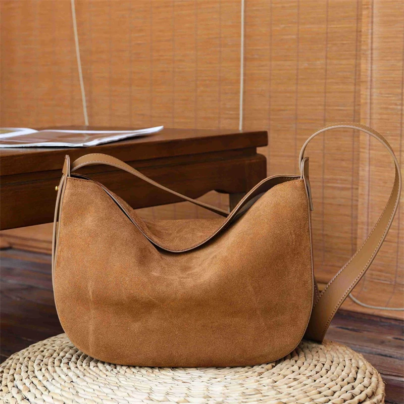 

Hifashion Cowhide Suede Genuine Leather Hobo Shoulder Bags For Women 2025 Luxury Designer Half Moon Crossbody Ladies Handbags