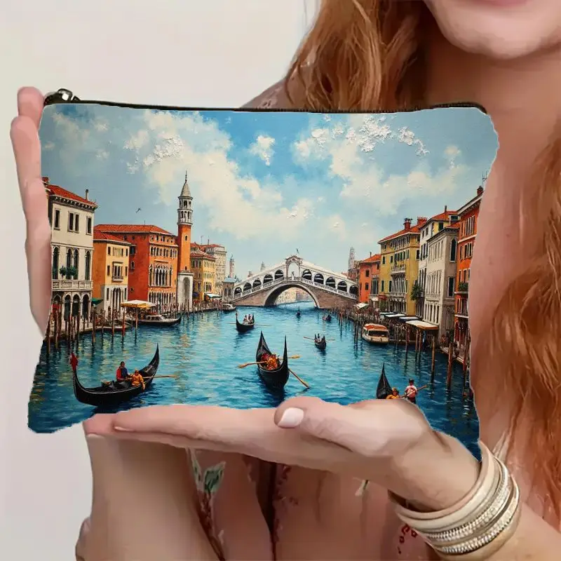 Venice Italy Cosmetic Makeup Bag with Venetian Canals Gondola Print Lightweight Foldable Travel Organizer, Zippered Pouch