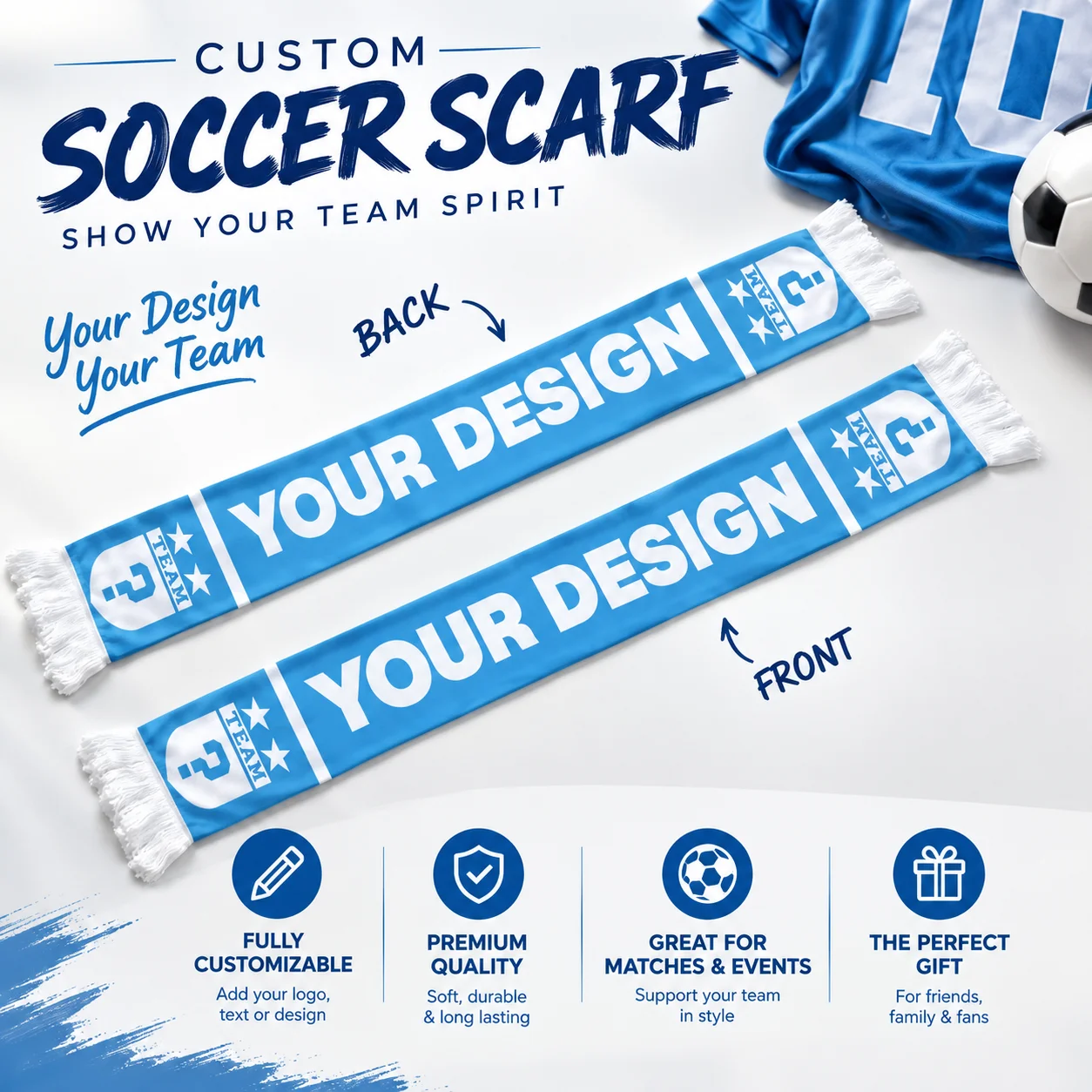 Personalized Soccer Scarf Custom Photo Name Logo Printed Football Fan Scarves with Fringe Winter Sports Match Day Souvenir
