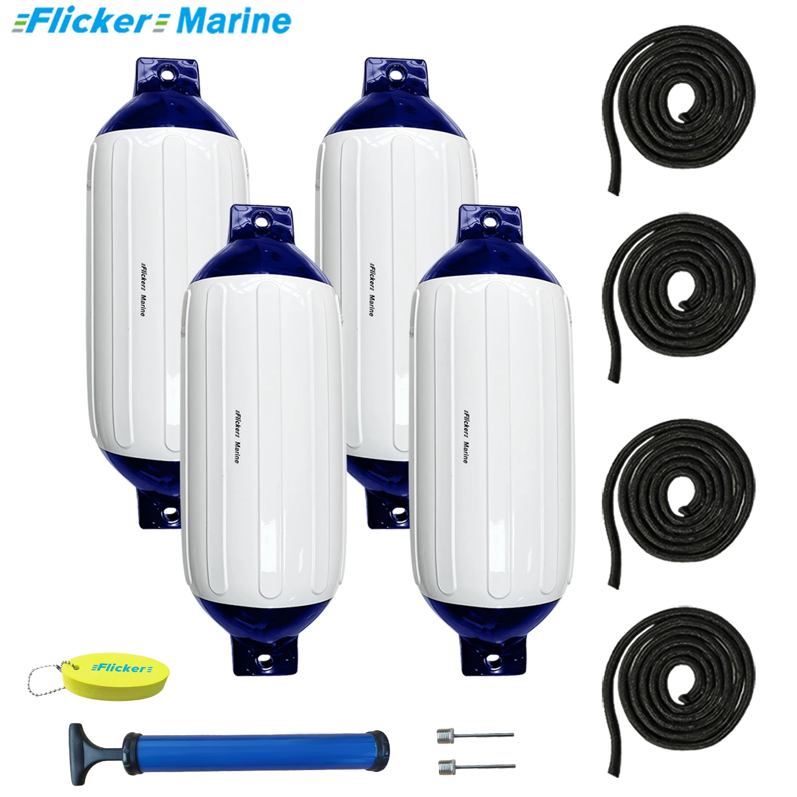 Flicker Boat Fender Kit A1–A6, Heavy Duty PVC Inflatable Dock Fenders with Air Pump & Ropes, Blue White, Floating Keychain