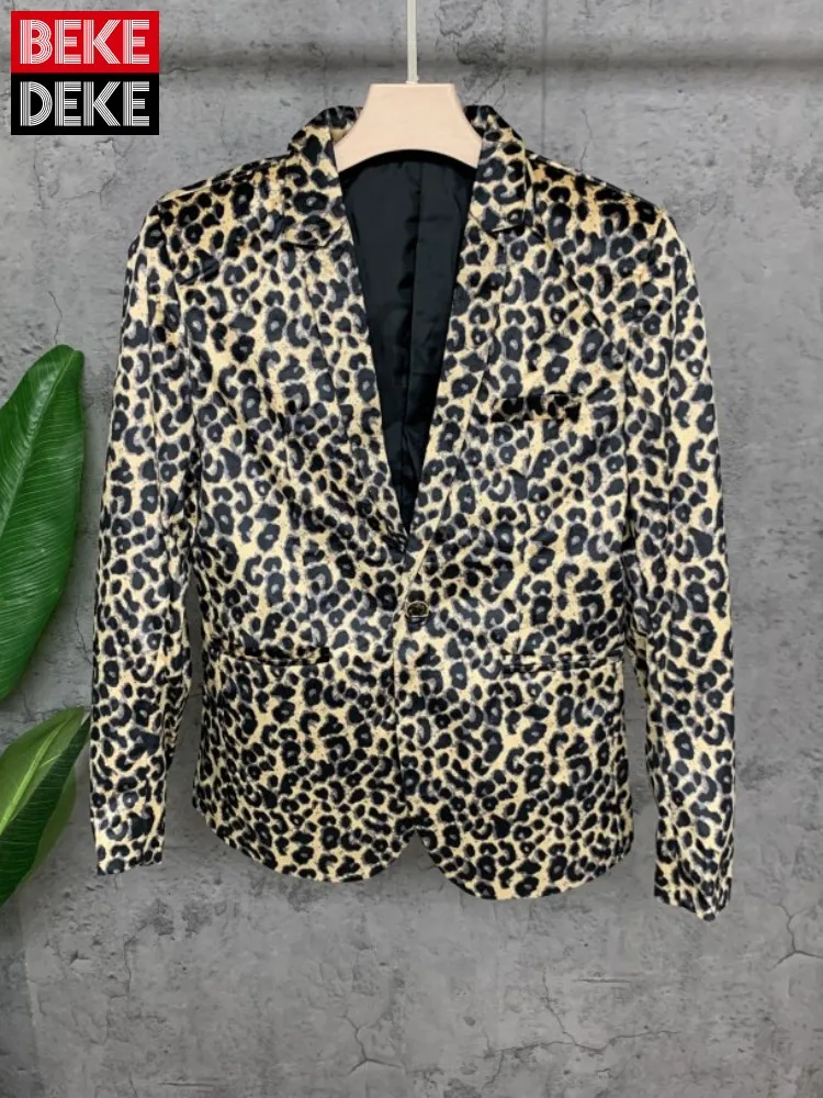 

Fashion Handsome Mens Nightclub Style Blazers Slim Single Breasted Leopard Print Suit Jacket Outerwear Male Casual Chic Coats