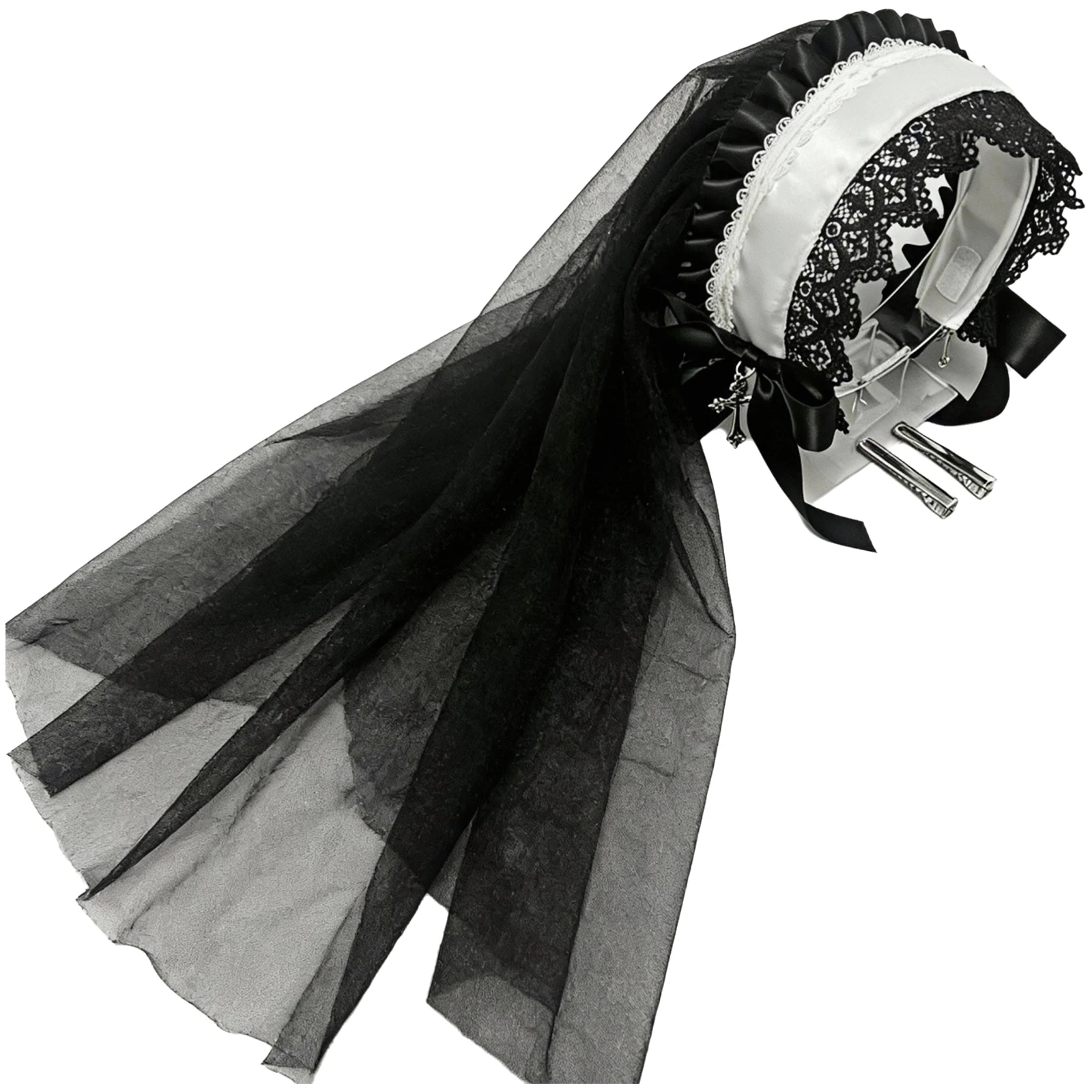 Women Lolita Gothic Lace Headpiece Floral Trim Tulle Layer Hat Costume Accessory for Halloween Nun Cosplay Anime Comic Con