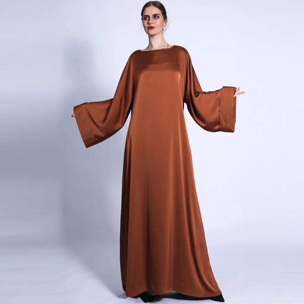 7色展開、ムスリム女性用サテンロングドレス、ゆったりとしたカフタン、豪華なパーティー、イブニングアバヤ、無地、ラインストーンベルト付き、ファッショナブルなラマダン向け