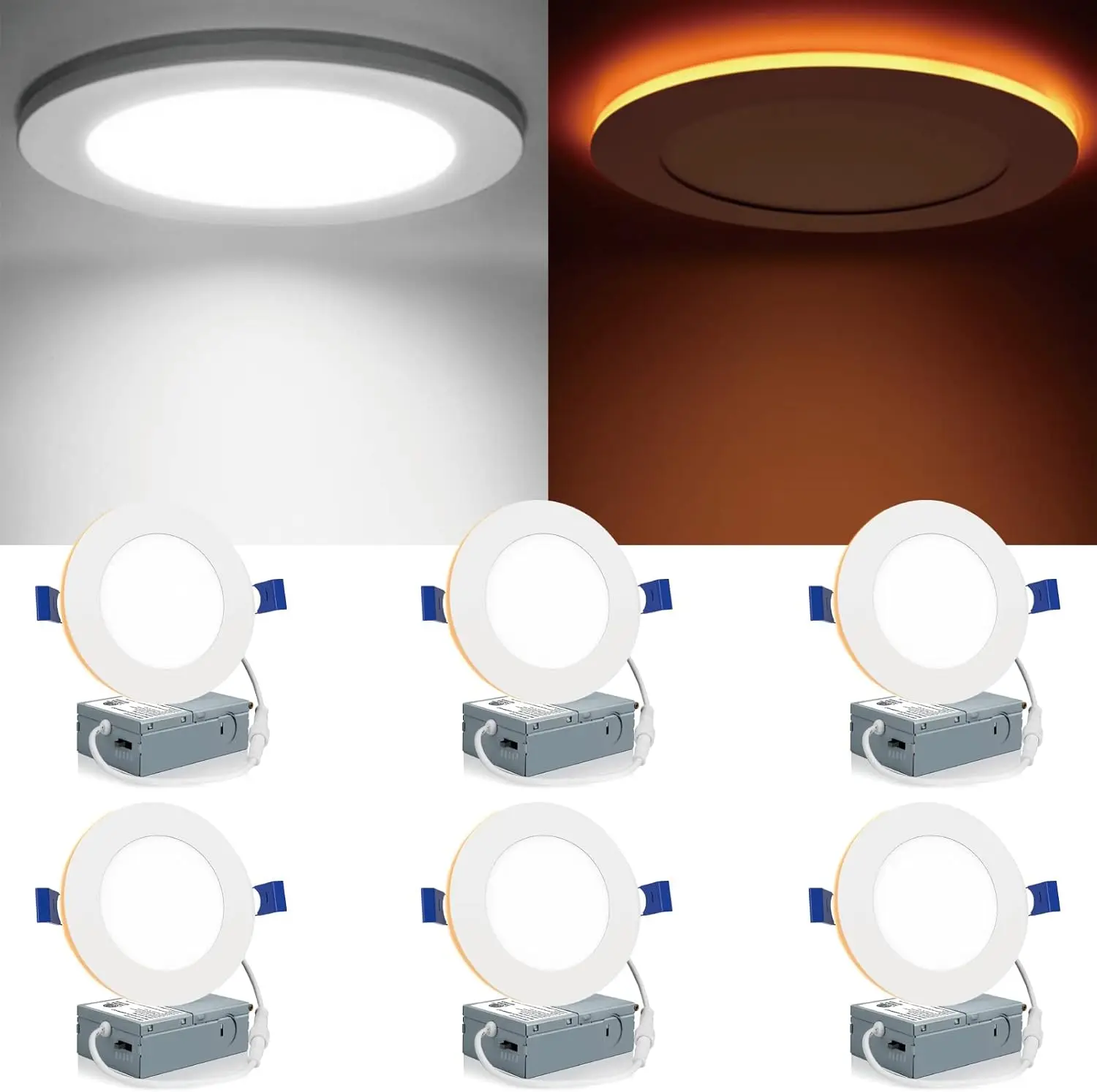

6-Pack Ultra-Thin LED Recessed Ceiling Lights with Night Light, Selectable Color Temperatures, Dimmable, 9W=75W