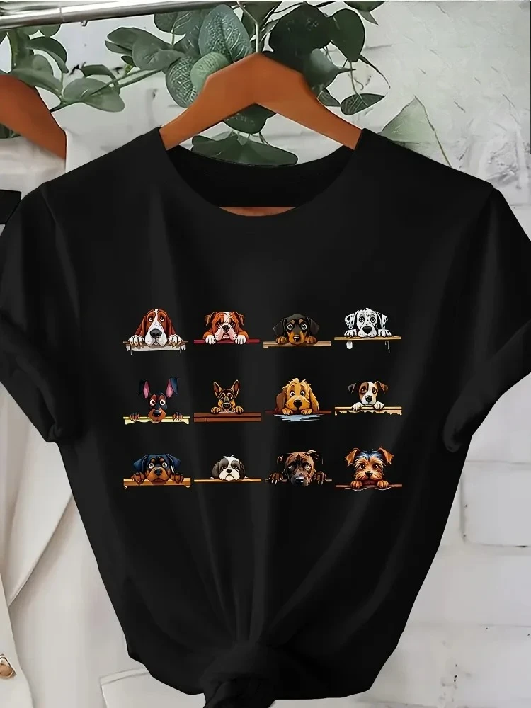 T-shirt casual a maniche corte da donna con stampa di cani, girocollo morbido, top alla moda primavera/estate/autunno, LoveTShirt, stile weekend