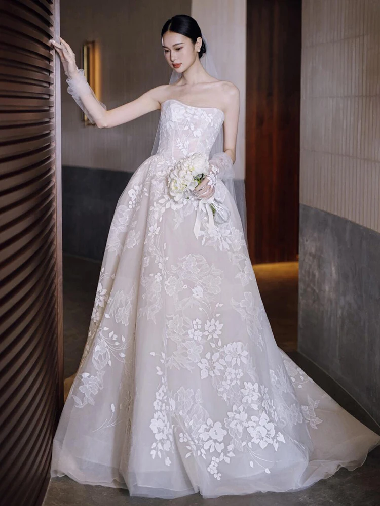 

Ele Lace Bridal Gown Vintage Sle Long Train Bride Entrance Ceremony Super Fairy T Chest pe out Door a Wedding Dr