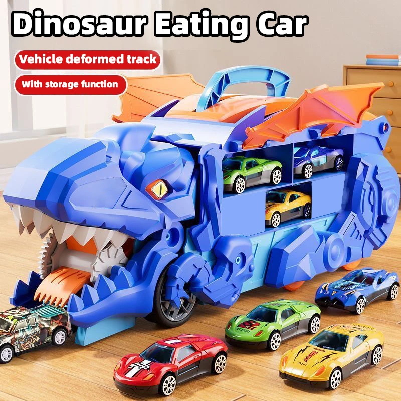 Jouet de piste de course avec dinosaure Tyrannosaurus Rex coulissant, voiture en alliage transformable, cadeau d'anniversaire pour garçon, jeu de table