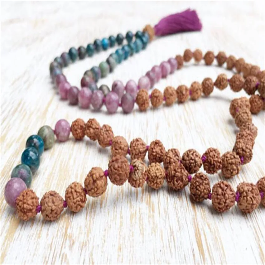 

8mm Rhodochrosite Gemstone Apatite Rudraksha Mala Necklace Stone Event Yoga Pendant Men's Couples Peace Women Unisex