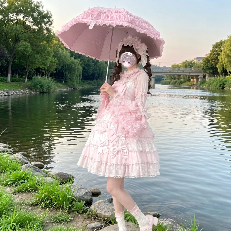 Japanese Gothic Lolita Princess Umbrella Birdcage Lace Five Layer Black Coating Wedding Parasol for Women Photography Use 레이스 양산
