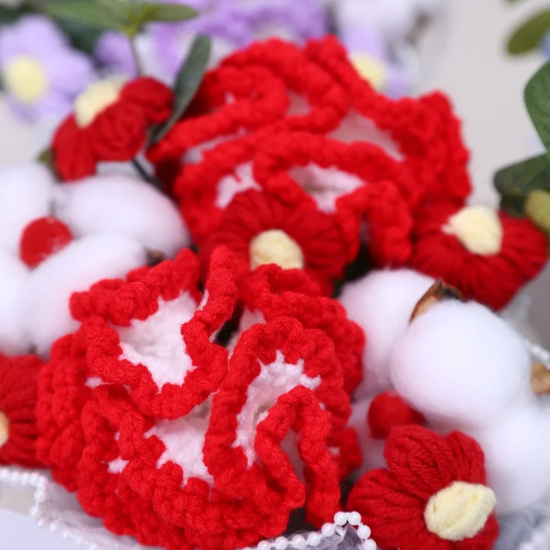 Fleurs artificielles œillets plantes en peluche, Bouquets tricotés au Crochet, cadeaux pour la saint-valentin, anniversaire des mères