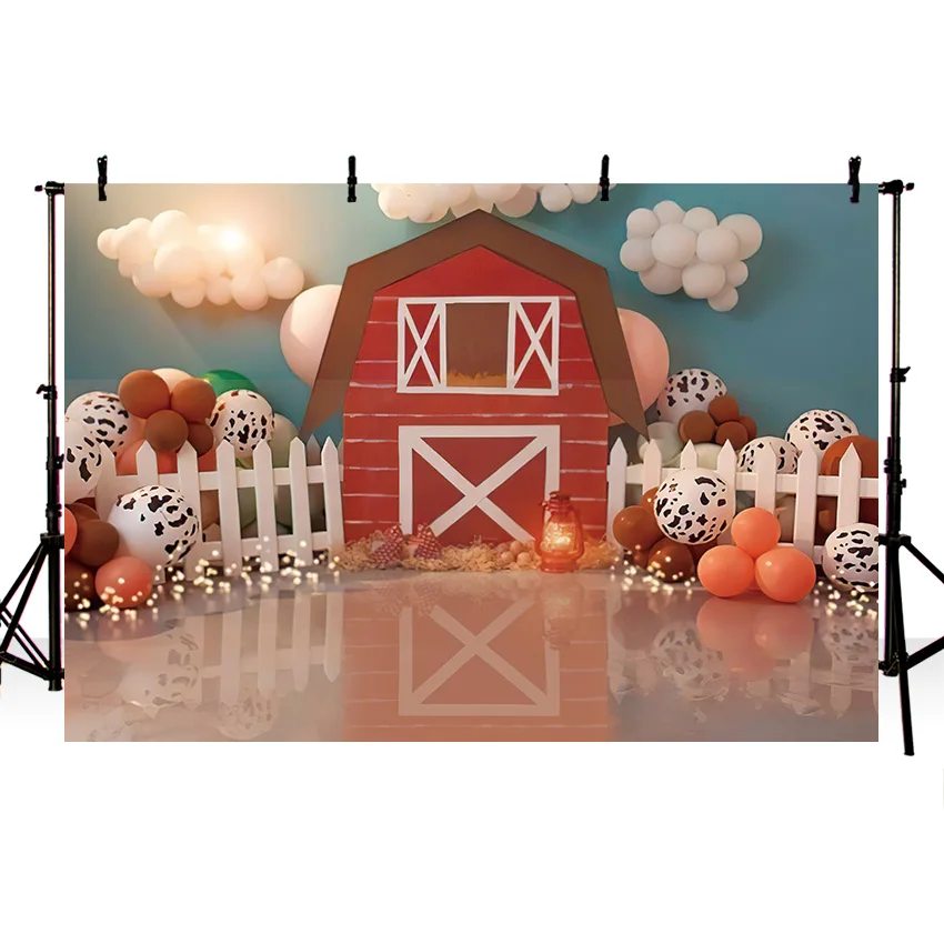 Mehofond Photography Background Farm Red Barn Fence Balloon Boy 1st Birthday Cake Smash Decor Backdrop Photo Studio Photozone