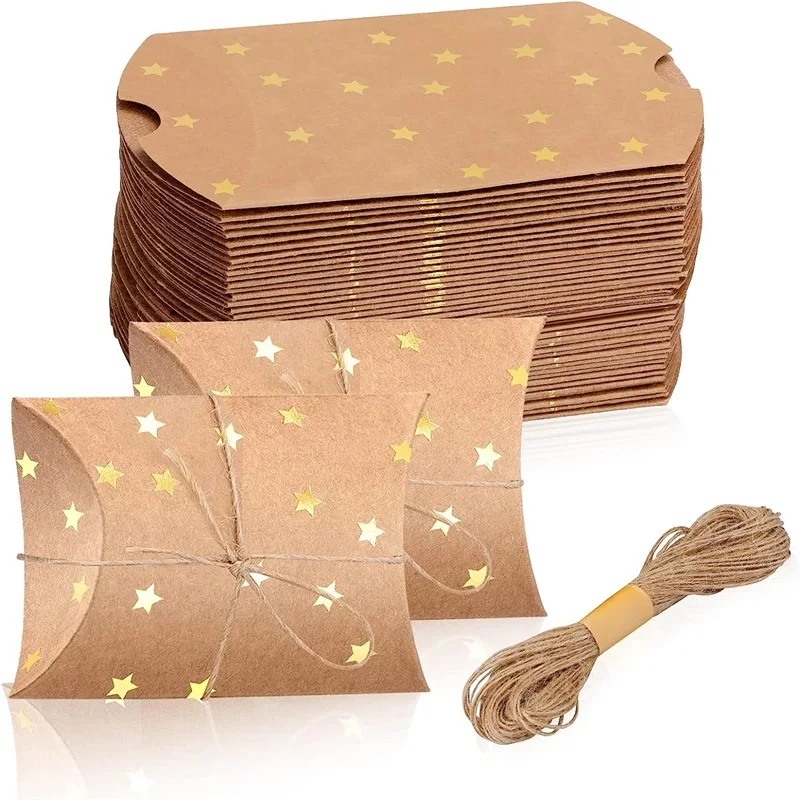 50 Stück kleine Geschenk-Kissenboxen aus Kraftpapier mit Juteschnur für Hochzeit, Neujahrsgeschenk und Geburtstagsparty-Geschenk – Detail 1