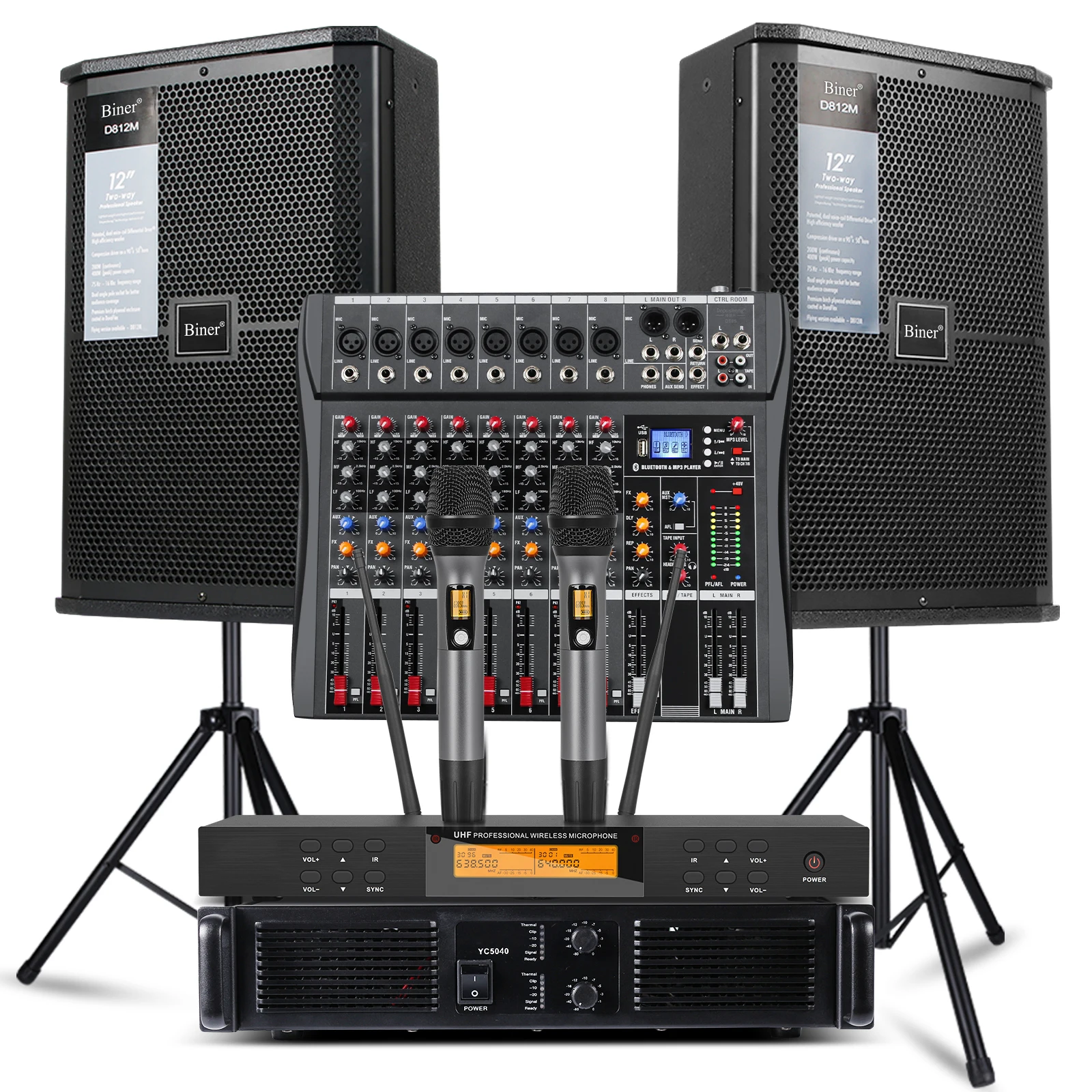 Biner D812 Professional 8 Channel Audio Mixer With Pure Post-Power Amplifier  With Power 350w Sound Speaker With Mic