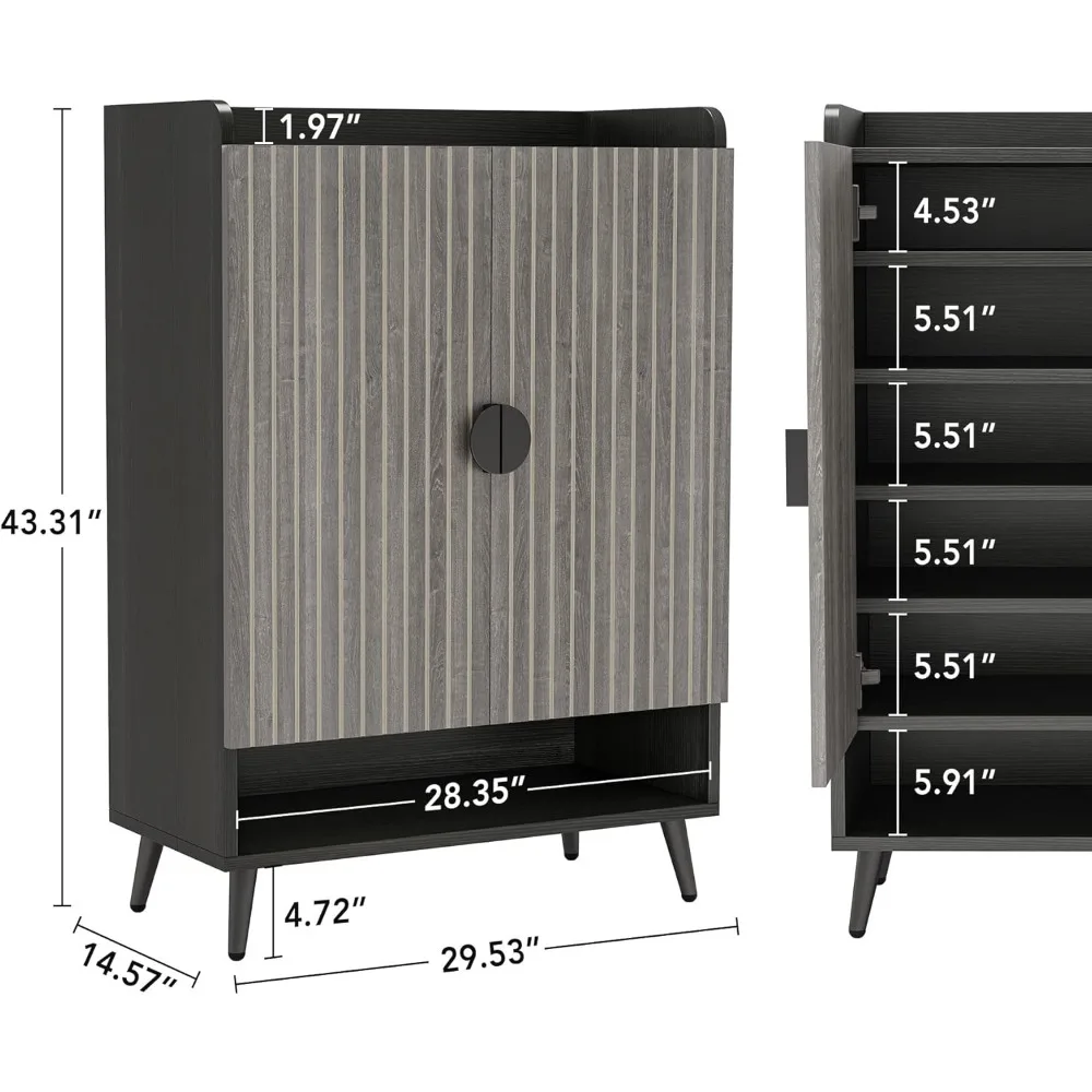 Armoire à Chaussures avec Portes, Armoire à Chaussures à 7 Niveaux avec Étagères Réglables, Entrées en Bois, Épaisseurs