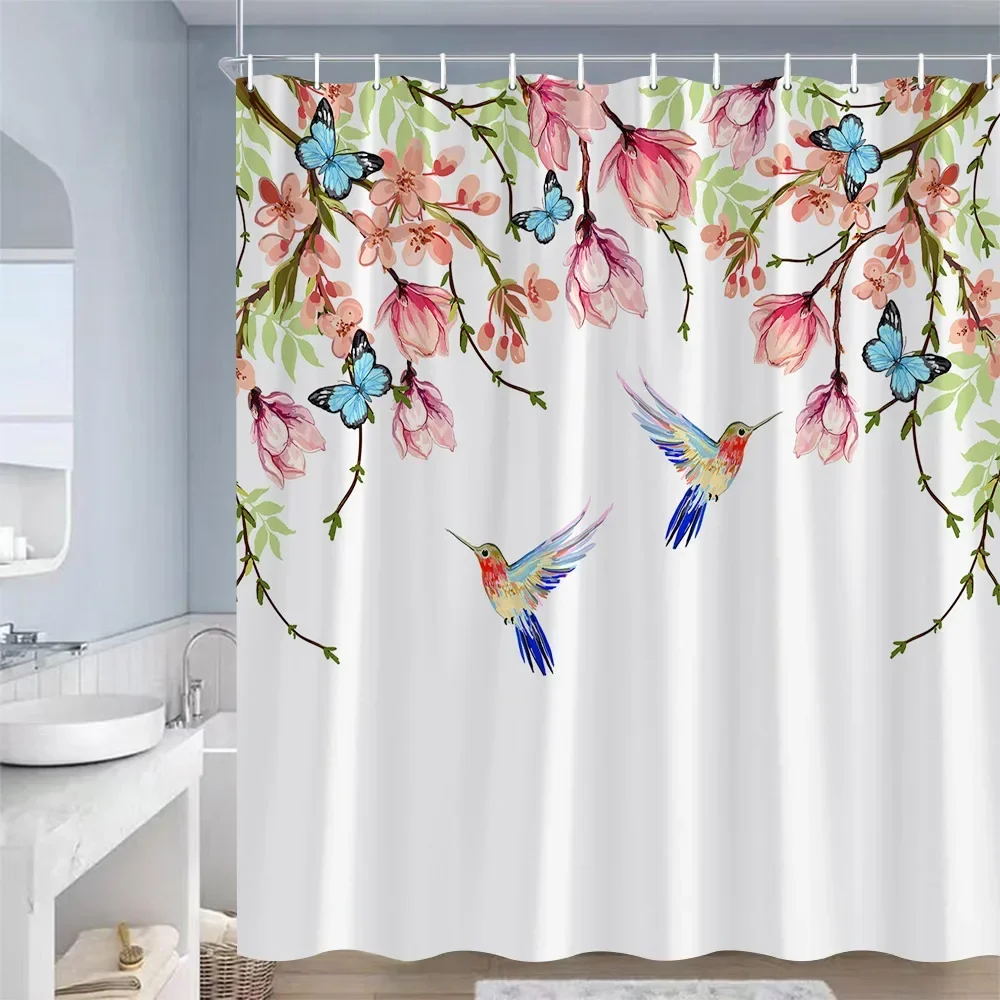 Spring Floral Hummingbird Shower Curtain for Bathroom Watercolor Flowers Birds Fabric Bath Curtains Modern Art Decor with Hooks