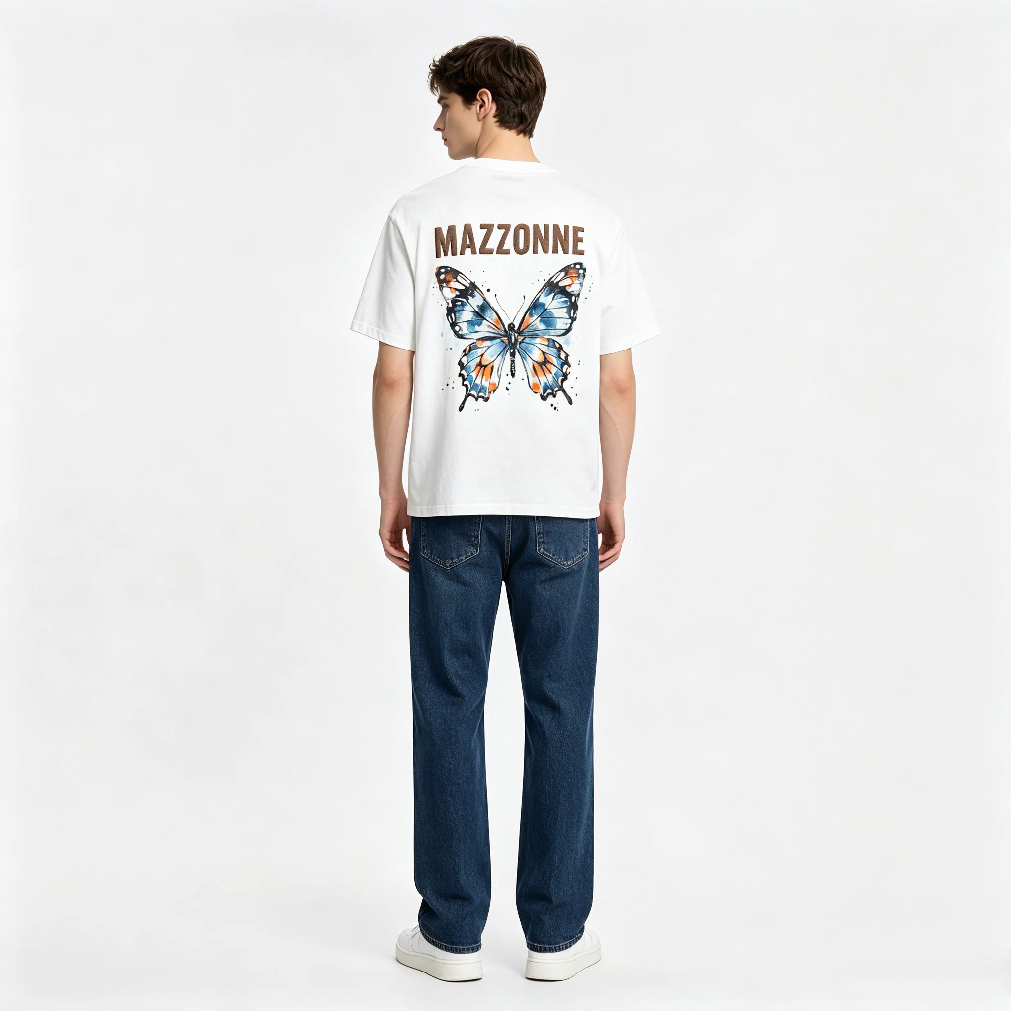 MAZZONNE Watercolor Butterfly Graphic T Shirt Men Women Oversized Short Sleeve Tee Front Back Print Flock Letter Streetwear