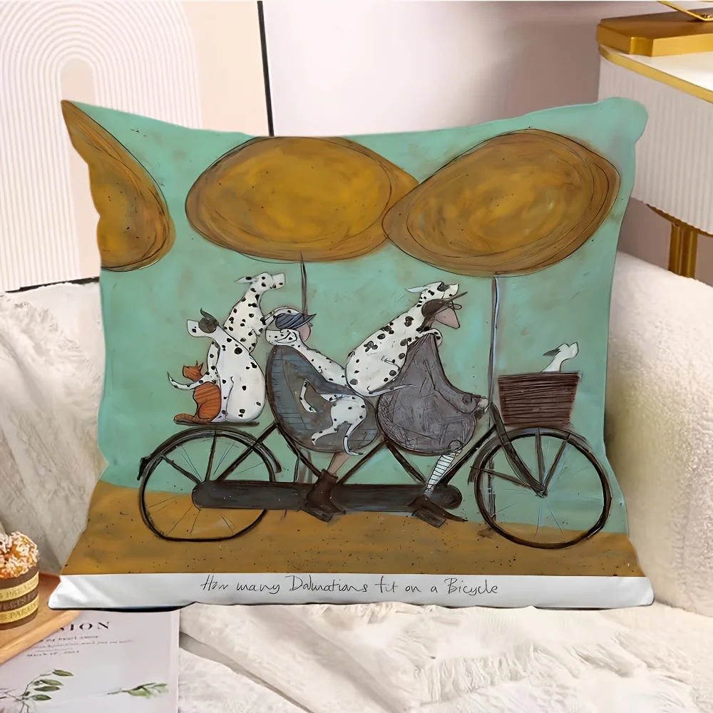 Double Sided Funny Dalmatian Bicycle Pillow Cover Cute Cartoon Dog Print Soft Throw Pillow Case for Pet Lover Home Decor Gift