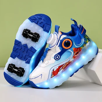 Scarpe sportive luminose a quattro ruote per bambini Scarpe da pattinaggio a rotelle con luce a LED Scarpe da allenamento con ricarica USB per ragazzi e ragazze per bambini