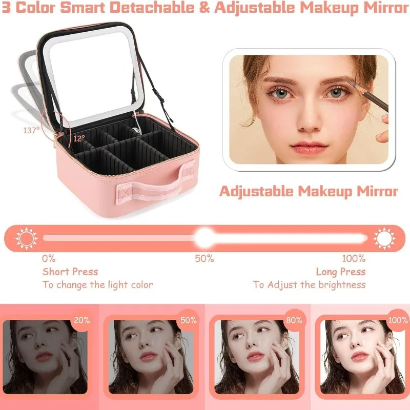 3 Modes Lights Cosmetic Bags Makeup Bag with Led Mirror with Organizer Box with Lights Travel Makeup Case with Lighted Mirror