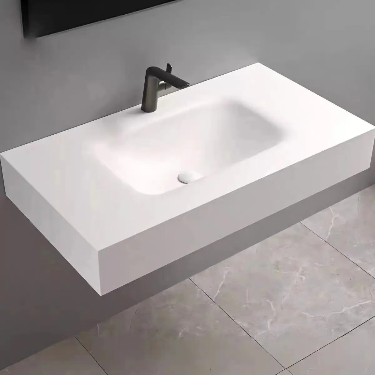 

Bathroom Sink Rectangular Vessel Sink, Wall Mount Above Counter Vanity Sink, Rock Slab Integrated Basin White Basin with Over