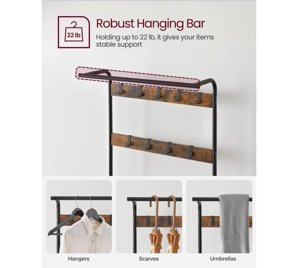 شجرة قاعة المدخل 4 في 1 مع مقعد أحذية، رف معطف وتخزين، بني ريفي وأسود، سهلة التجميع #4