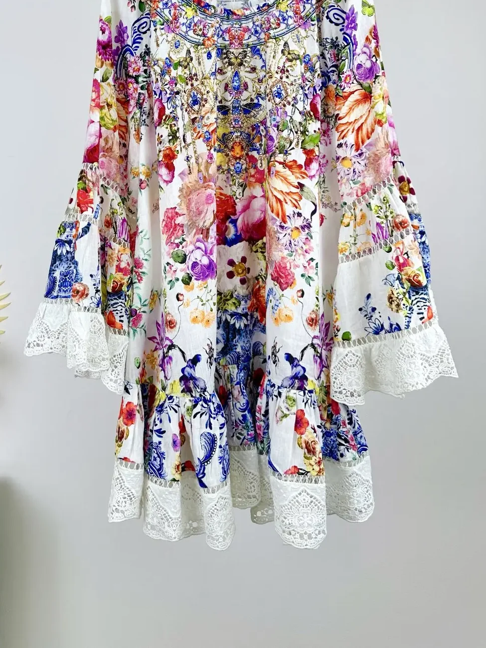 Women Floral Printed Dress Embroidery Spliced Flare Sleeve O-Neck Sweet Linen Mini Robe