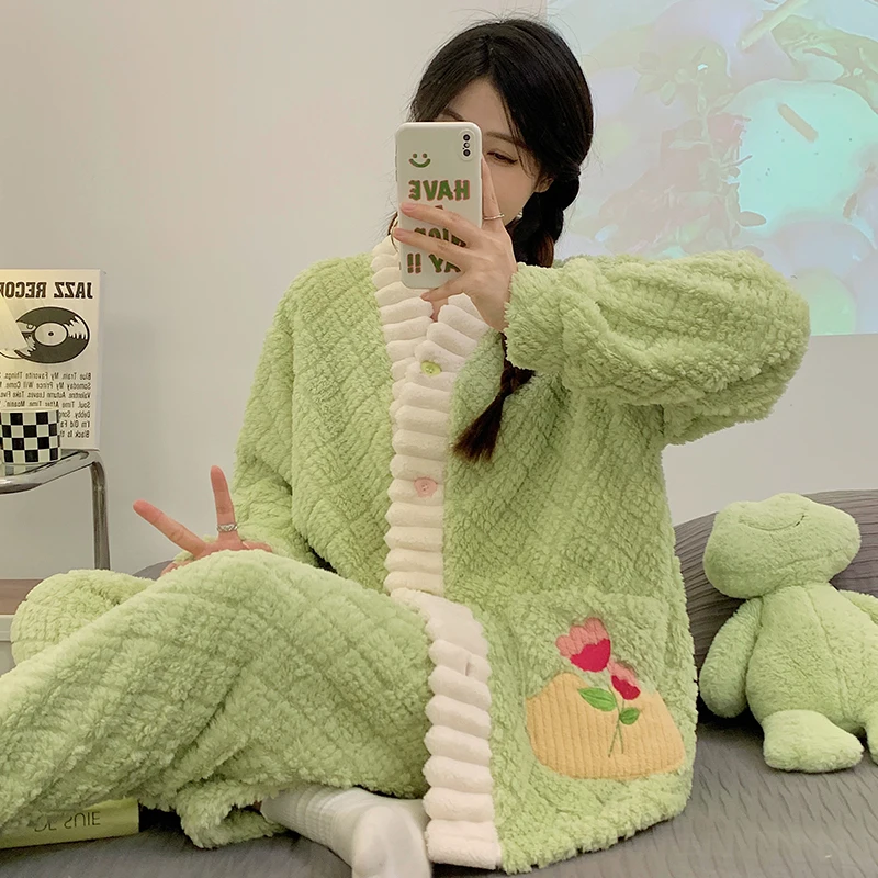 

Pajama Sets Padded Women Fall Cotton Modal Polka Dot Long Sleeved Round Neck Sleep Pants Elastic Warm Sleepwear Durable Soft Ins