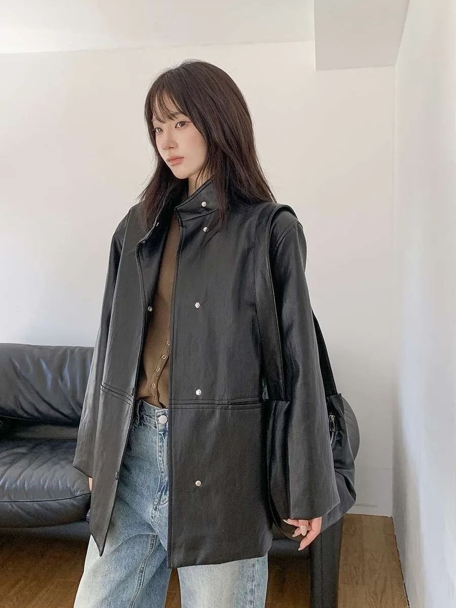 Retro Sle Mujer Biker Jaet PU Abrigo de cuero con cinturón Cintura favorecedora Versátil Largo Sve Faionable Ropa de abrigo