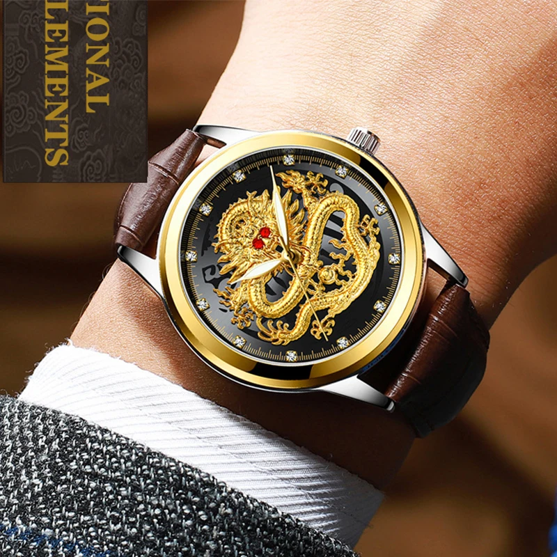 FNGEEN-reloj de cuarzo ultrafino para hombre, cronógrafo con patrón de dragón, luminoso, Color dorado, correa de acero inoxidable