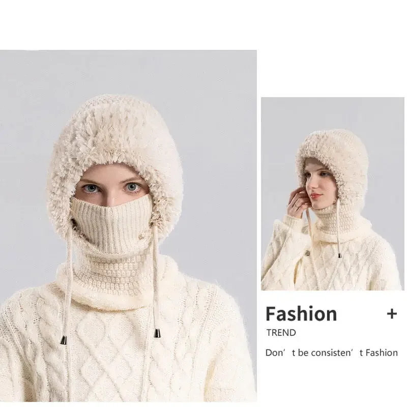 المرأة الشتاء قطعة واحدة الرقبة أدفأ يندبروف صوف مبطن سميكة الدافئة كبيرة رئيس محبوك قبعة الاكريليك مع الرباط #3