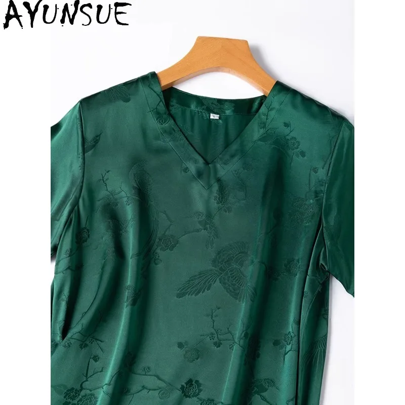 AYUNSUE 100% Silk Women's T-shirts Elegant Short Sleeve Tops for Woman V-neck Green T Shirt Summer Woman Clothes Ropa Para Mujer