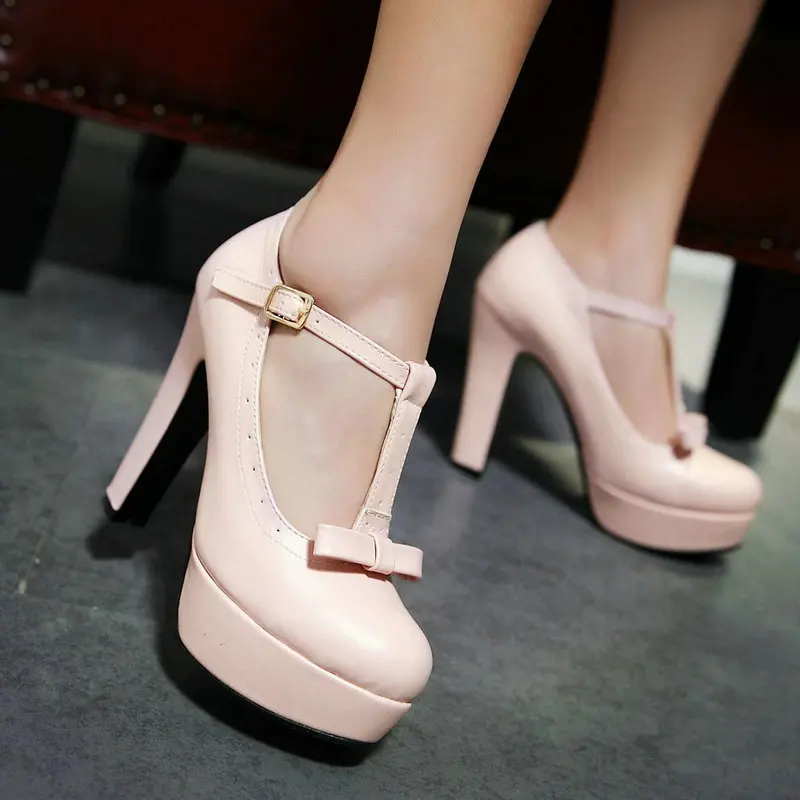 

Round Closed Toe Pink T-strap High Heel Pumps for Ladies Platform Block Heels Summer Fall Elegant Mary Janes with Bowtie Knot
