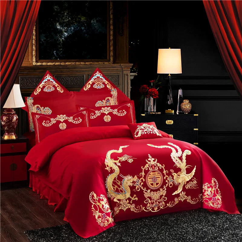 Chinese Bruiloft Vierdelige Set Grote Rode Geborduurde Pasgetrouwde Beddengoed Bruiloft Feestelijke Set Draak En Phoenix Quilt Geborduurde Beddengoed Lakens Dekbedovertrek