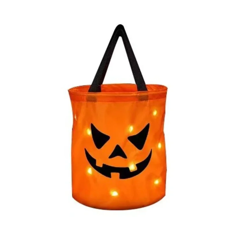 Halloween Basket for Thanksgiving Party, Trick or Treat Bucket, Pumpkin Candy Bags, dobrável, LED Light, Presente