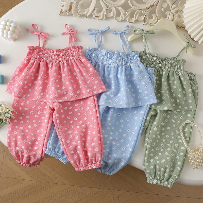 

Children's Set New Summer Girls Baby Floral Set Strap Top+Cute Two-Piece Anti-Mosquito Pants Set
