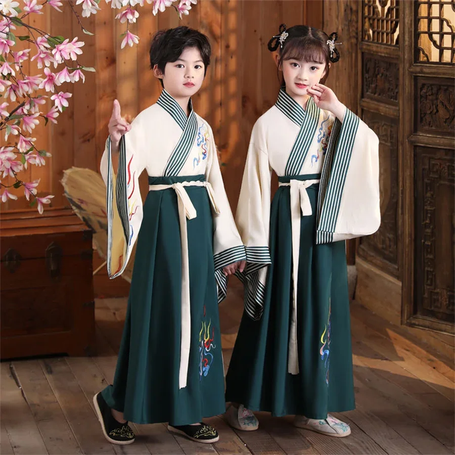 Fato chinês de seda infantil, conjunto hanfu, quimono para meninos, tradicional chinês, étnico vintage, dança do guerreiro, conjunto hanfu