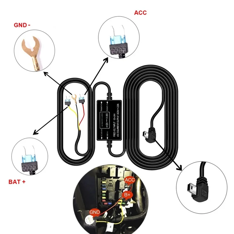 12/24V To 5V Car Dash Cam Wire 3.2M Mirror DVR Hardwire Cable Kit Video Recorder Mini Micro-USB Charger Line