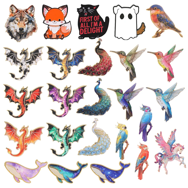 Natural Birds Enamel Pins Hummingbird Parrot Peacock Dragon Whale Winged Unicorn Pegasus Brooches Animal Badge Jewelry Gifts