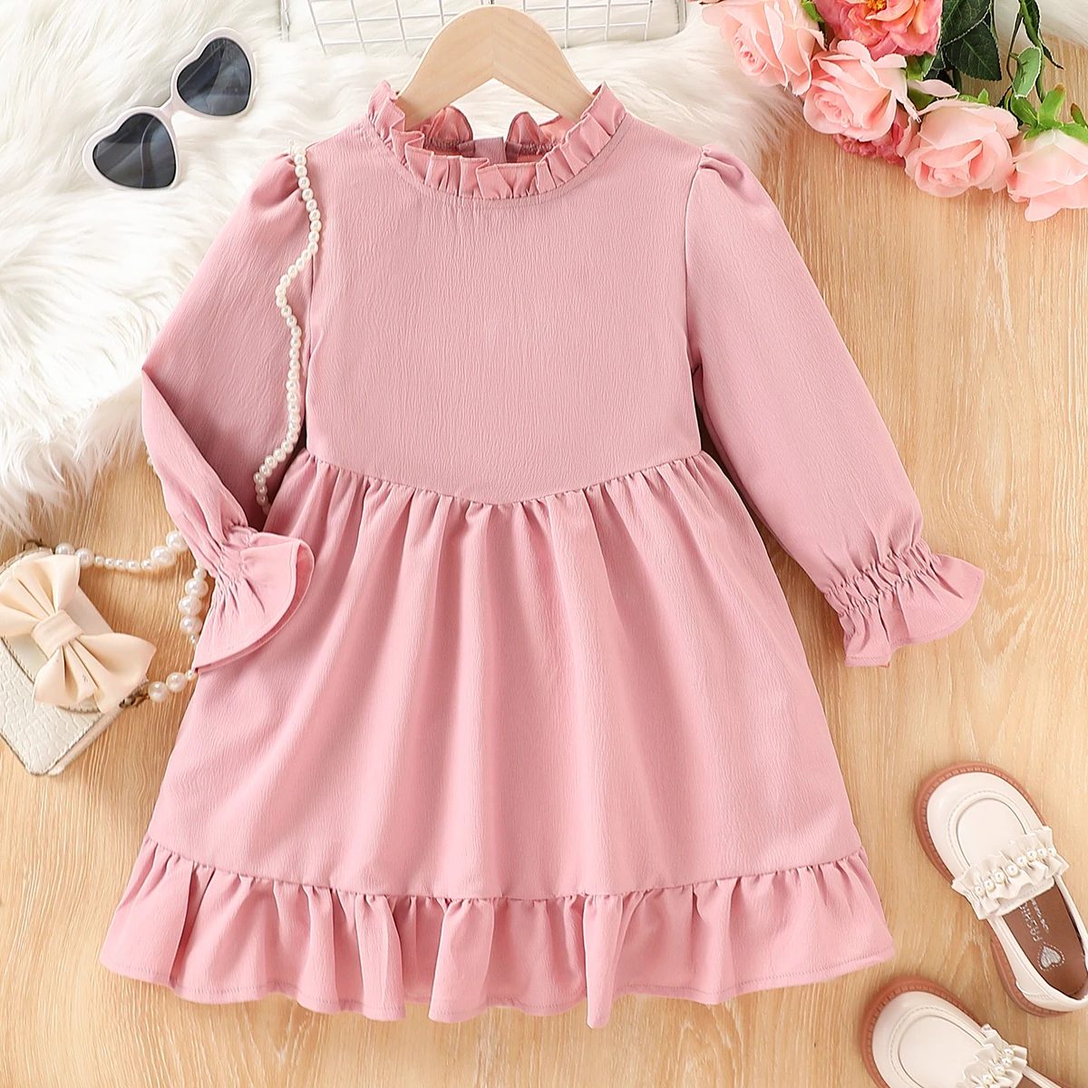 Girls' Casual Romantic Round Neck Bubble Long Sleeve Invisible Zipper Dress Single Piece Autumn Fashion Ladies' Dress