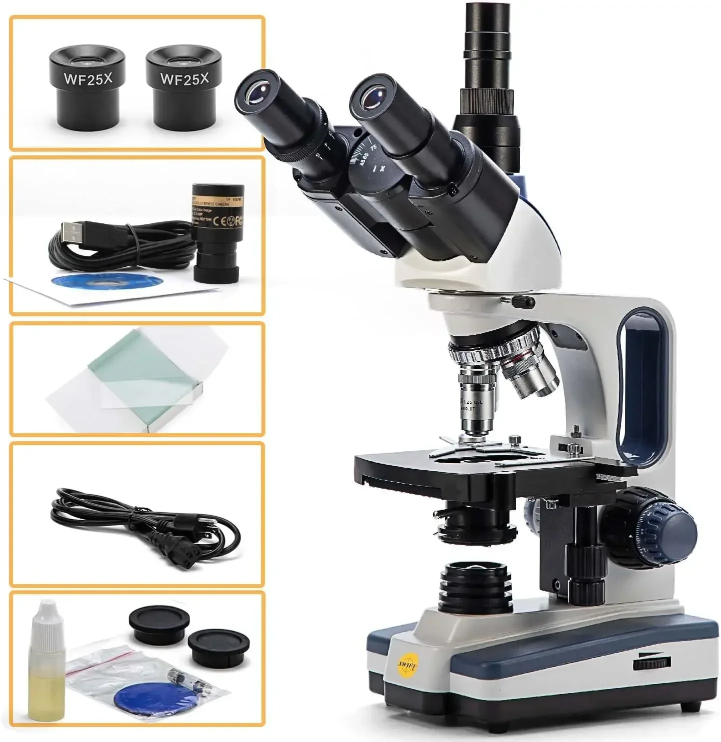 Trinocular Compound Microscope SW350T,40X-2500X Magnification,Siedentopf Head,Research-Grade,Two-Layer Mechanical Stage,1.