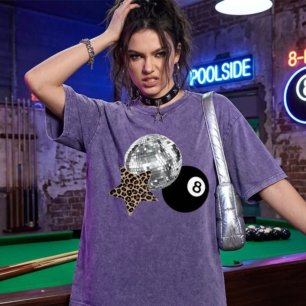 Disco Ball Leopard Star 8 Ball Print Acid Wash T Shirt Summer Casual Short Sleeve Top Unisex Streetwear Fashion Tee ﻿